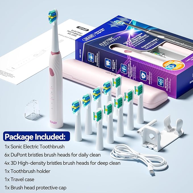 SEAGO Electric Toothbrush with 10 Brush Heads,Travel Toothbrush with Travel Case, Electric Tooth Brush with Smart Timer for Adults, Boys, and Girls,SG-2316(Pink)