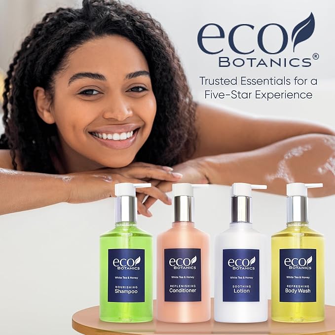 Eco Botanics Hotel Amenities Set | 10.14oz Pump Bottles | Shampoo, Conditioner, Hand & Body Wash, and Lotion | Set of 12