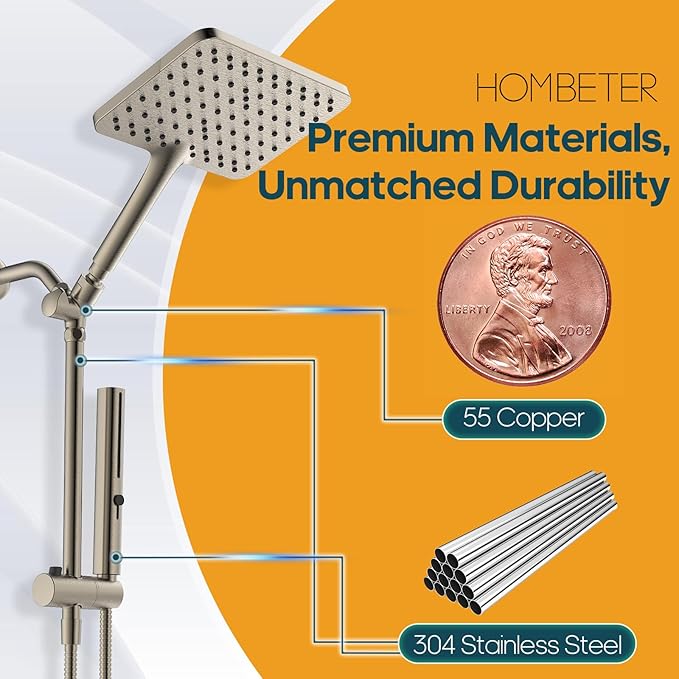 Hombeter Shower Heads with Handheld Spray Combo Brushed Nickel, 10 Inch High Pressure Rain/Rainfall Shower Head, Height Adjustable Dual 2 in 1 Shower Head System with Stainless Steel Hose