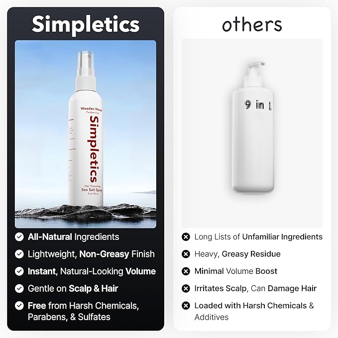 Simpletics Himalayan Sea Salt Hair Spray (Vanilla Scent) – Natural 5-Ingredient Formula for Beach Waves & Volume – Light Hold, Non-Greasy, Paraben & Sulfate Free – Unisex 8 fl oz