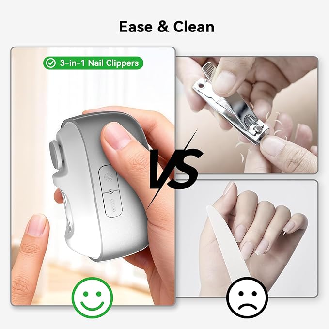 Electric Nail Clipper Fingernail Trimmer: 3-in-1 Automatic Nail Polisher with LED Light, Clip Storage, 2-Speed, Rechargeable Smart Nails Cutter Easy to Use for Seniors, Baby, Adult, Kids, White