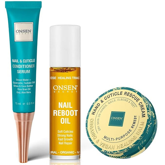 Onsen Nail & Cuticle Rescue Kit | Conditioner Serum, Repair Oil & Cuticle Balm - Tsubaki, Shea Butter, Jojoba | Strengthens Nails, Softens Cuticles, Hydrates Skin