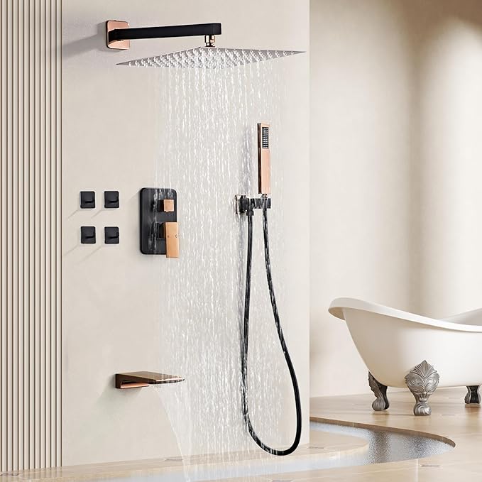 LCEVCGK Shower Faucet Set Complete with Tub Spout Matte Black and Rose Gold Shower System with 10 inch Rainfall Shower Head and Handheld Shower Rain Shower Combo for Bathroom Wall Mounted