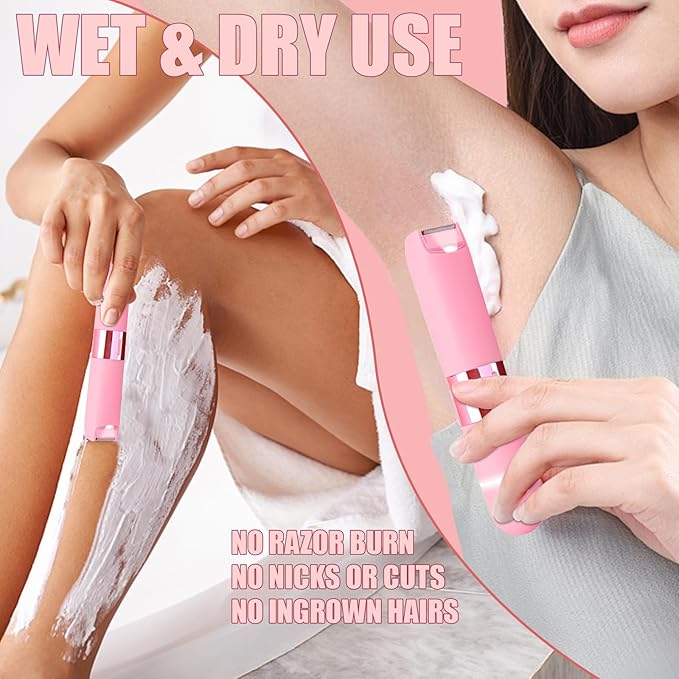 Bikini Trimmer for Women - 2 in 1 Painless Electric Razors for Women, IPX7 Waterproof Rechargeable LED Dual Head Electric Shaver for Lady Bikini Underarm, Body, Leg, Face Hair Remove (Pink)