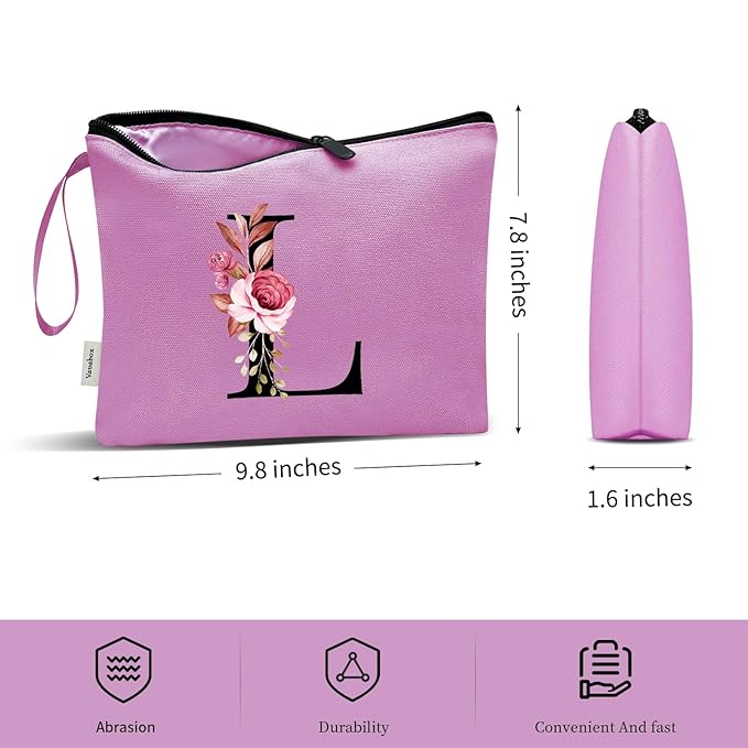 Vavabox A-Z Personalized Makeup Bag, Birthday Gifts for Women Mom, Gifts for Best Friend, Bride Bridesmaid Cosmetic bag (L, Purple)