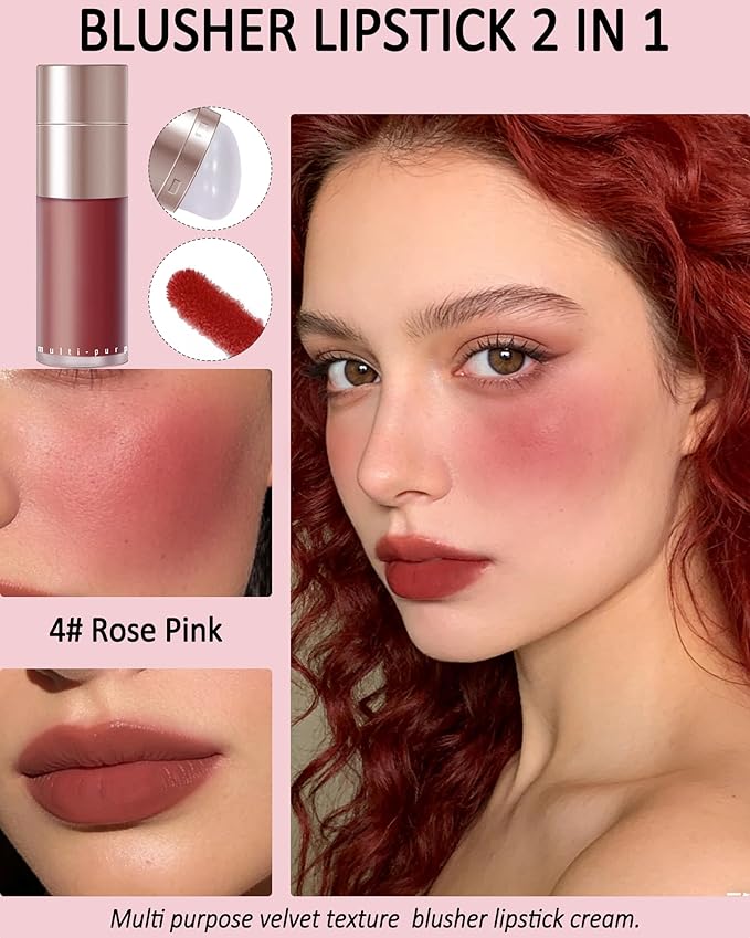 Velvet Cream Blush for Cheeks and Lips Tint, Rose Pink Matte Double-Ended Face Blusher with Silicone Brush, Blendable Waterproof Long-Lasting Liquid Blushes,Lightweight Facial Makeup Gift for Women-4#