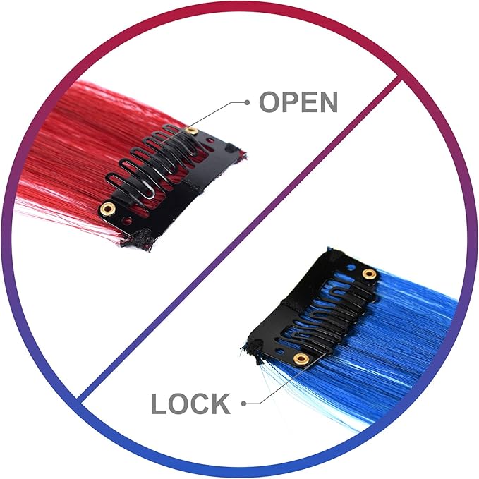 Colored Hair Extensions 10 PCS, Colorful Party Highlights Clip in Synthetic Hair Extensions, Red and Blue Hair Accessories Hairpiece for Girl Women Party Favor Cosplay Gift 22 In