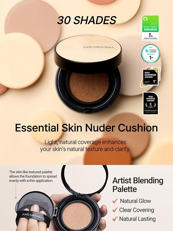 JUNG SAEM MOOL Essential Skin Nuder Cushion | Natural Finish, Buildable Coverage Cushion Foundation by Korean Makeup Artist (Refill Not Included, 0.49 Fl Oz), 40N Chestnut