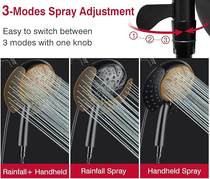 GRICH 2.5GPM Shower Head with Hand: 2 in 1 High Pressure Shower Heads With Handheld Spray Combo & Rain Shower Head, 9 Spray Modes Anti-Leak Waterfall Showerhead, Angle Adjustable, Matte Black