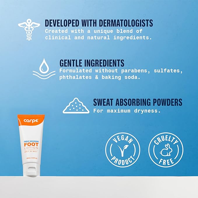 Carpe Sweat Absorbing Foot Lotion, A Dermatologist-Recommended Solution to Stop Sweaty, Smelly feet, Helps Prevent blisters, Great for hyperhidrosis (Pack of Two)