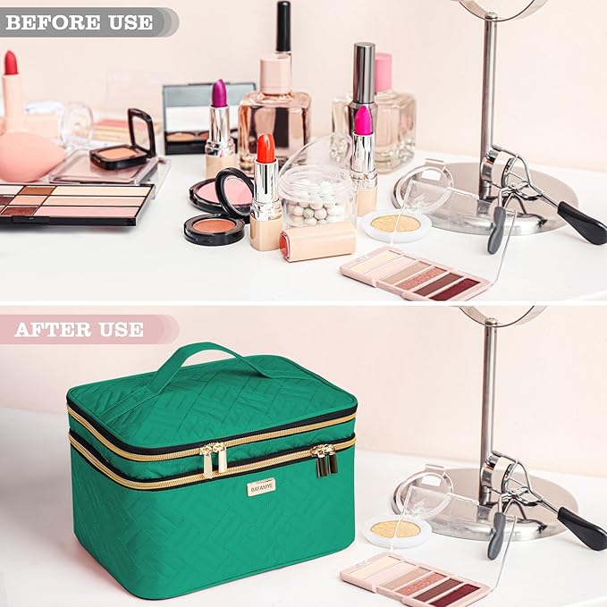 BAFAMYE 8.8L Double Layer Travel Makeup Bag With Mirror For Women, Large Cosmetic Case, Organizer for Travel-Size Accessories Bottles, Brushes,and Skin Care Products, 2.33 GAL, Green…