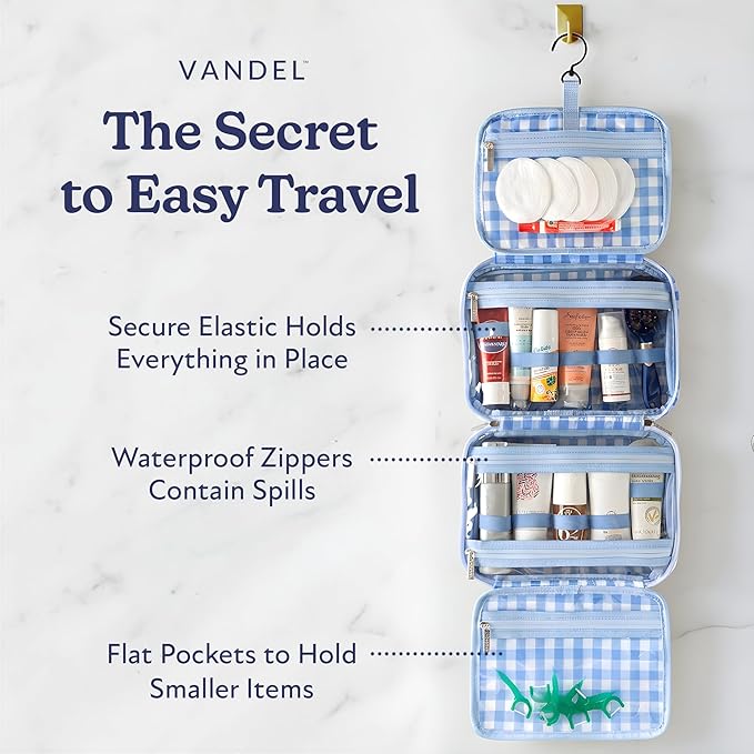 VANDEL Waterproof Hanging Toiletry Bag for Travelling, Hanging Makeup Organizer Bag, Cosmetic Travel Bags for Women, Makeup Case Toiletries Organizer Hygiene Bathroom Shower Caddy - Blue Gingham