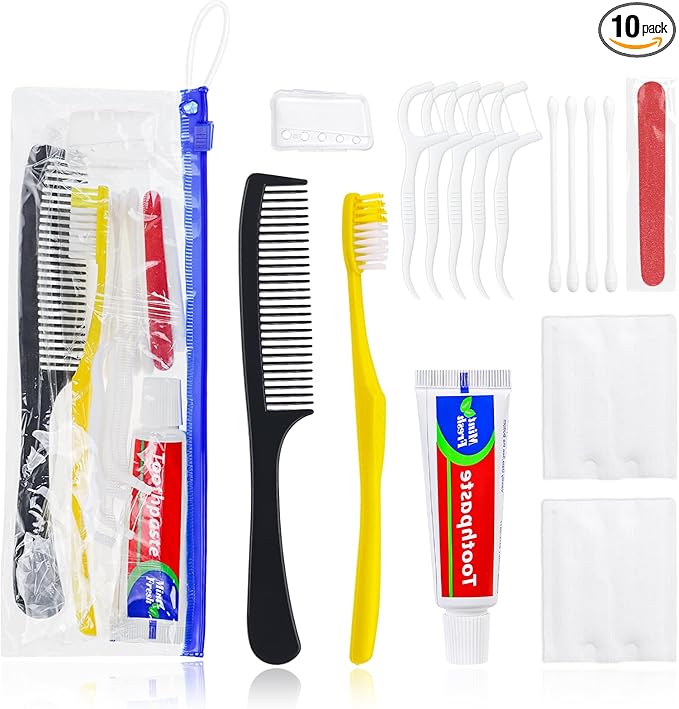 Personal Hygiene Kit Bulk Pack of 10,Yellow Disposable Toothbrushes with Toothpaste Floss Comb Cover and Hotel Vanity Set Basic Travel Toiletry Kit Supplies for Homeless,Charity,Guests