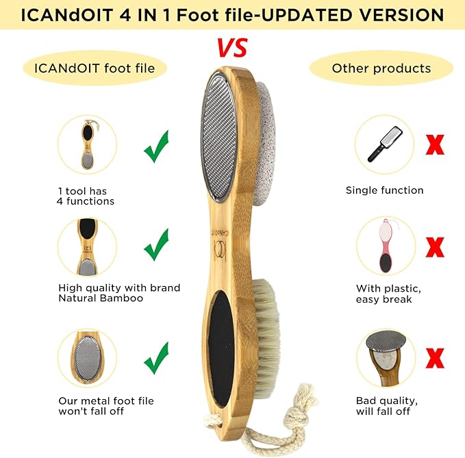 ICDI ICANdOIT Natural Bamboo Foot File Callus Remover-Multi Purpose 4 in 1 Feet Pedicure Kit with Foot Care Boar Bristle Brush,Pumice Stone,Foot Rasp,Sand Paper