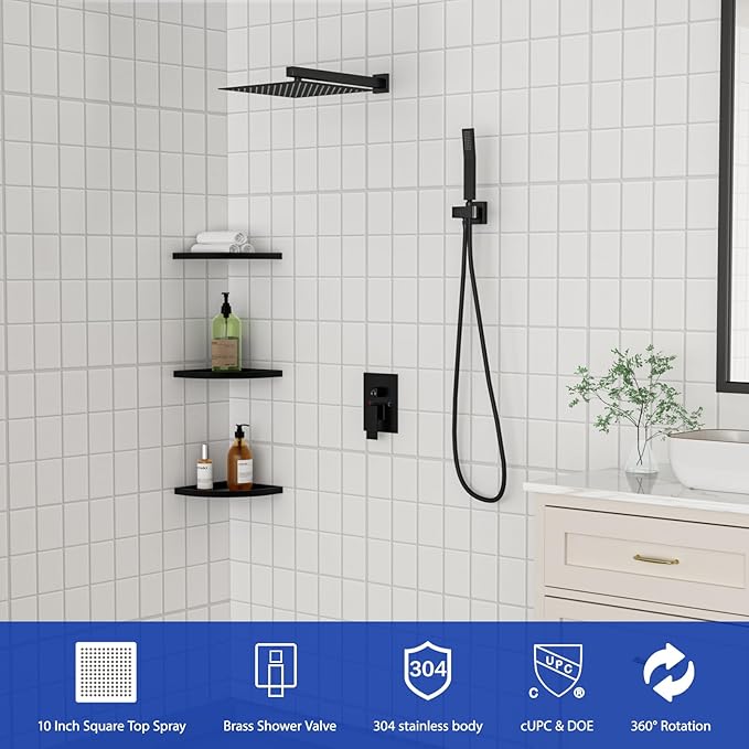 Dcolora 10 In. Rainfall Shower System with Handheld, Matte Black Shower Faucet Set for Bathroom, Brass Valve, 304 Stainless Steel, Anti-Scald cUPC Certified (Matte Black, 10 Inch)