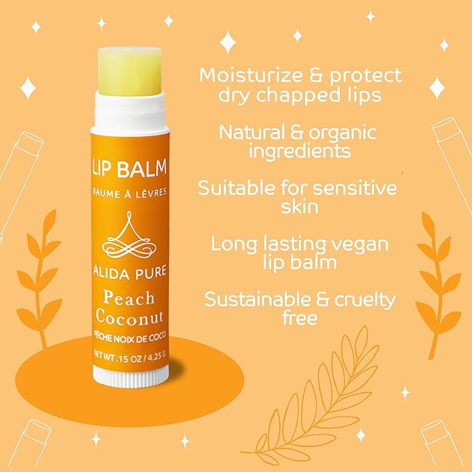 ALIDA PURE Peach Coconut Lip Balm Collection, Vegan Set, Lip Balm, Beeswax Free, with Organic Jojoba And Avocado Oil, Vitamin E, Natural Moisturizer for Dry, Chapped Lips, 3 Tube Set
