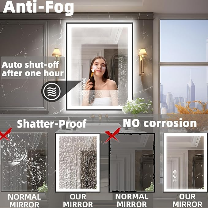 20x28 Light up Bathroom Mirror,LED Vanity Mirror,Black Framed,Backlit + Front Lit,3 Colors Dimmable,Anti-Fog,Shatter-Proof,Touch Control,Anti-Corrosion,Memory(Horizontal/Vertical)