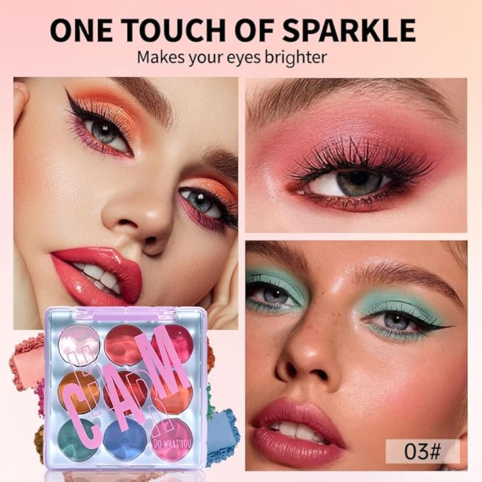 9-Color Rainbow Eyeshadow Palette – Blendable Matte Brights in Pink, Yellow, Blue & Green – Waterproof, Long-Wear, Perfect for Creative or Party Makeup 03#