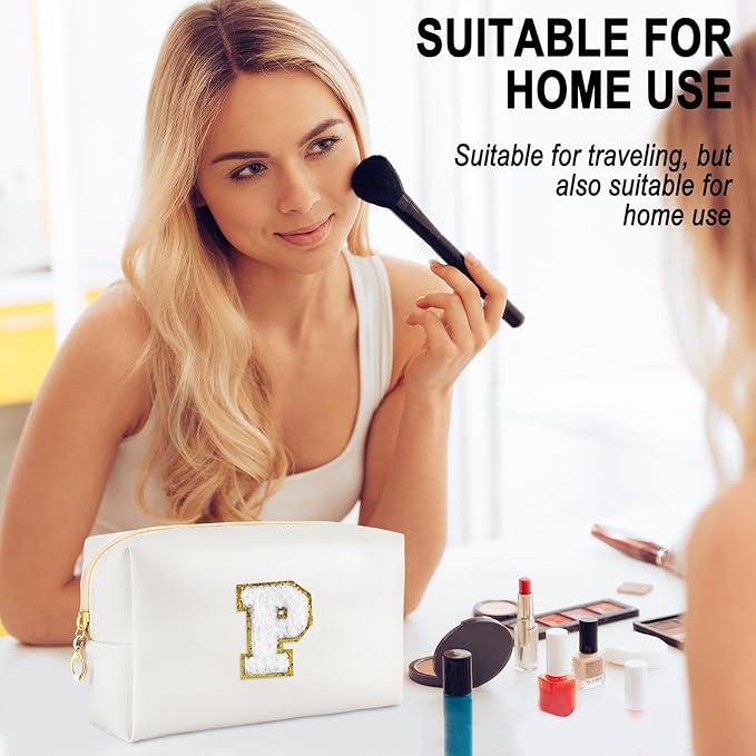 URSKYTOUS Gifts for Girls Initial Makeup Bag Personalized Cosmetic Bag with Zipper Cute Travel Toiletry Bags Waterproof PU Preppy Makeup Pouch Birthday Gift for Teen Girls Women(White P)