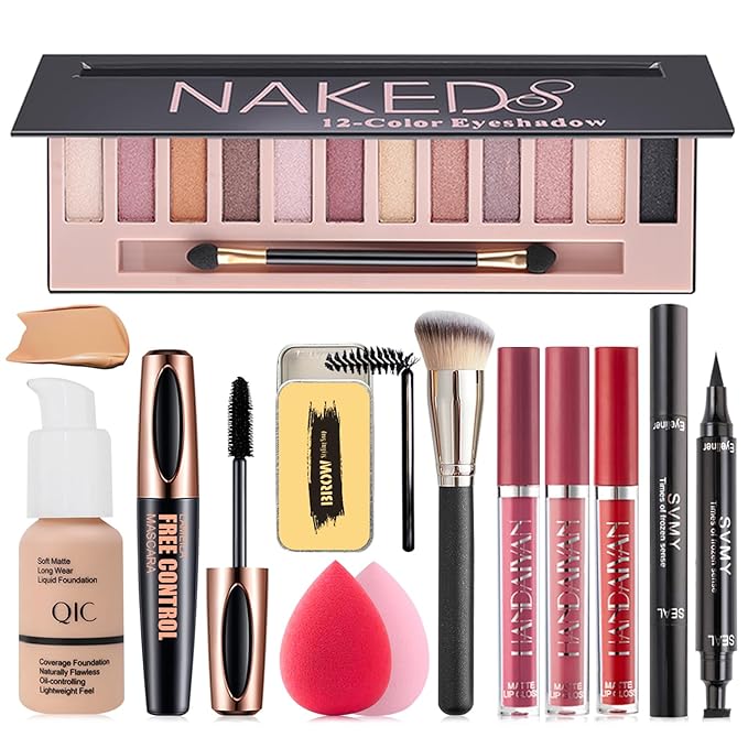 All in One Makeup Kit, Makeup Kit for Women Full Kit, Travel Make Up Gift Set for Women Teens Girls, Includes Eyeshadow, Foundation, Lipstick Set, Eyebrow Soap, Eyeliner Stamp, Mascara, Brush, Sponges