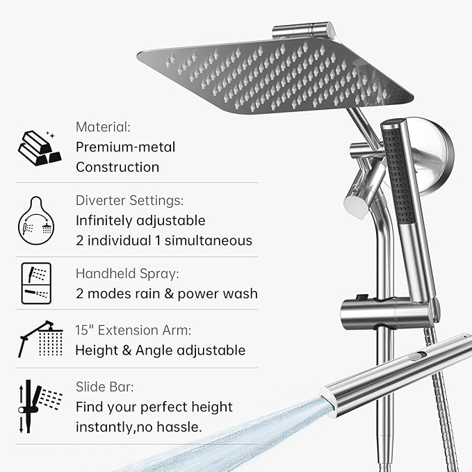 Veken 10" Luxurious All Metal Rain Shower Head with Handheld, High Pressure Rainfall Shower Heads wih Extension Arm, Wide Dual Showerhead with Spray Combo, Bathroom Accessories, Chrome, Silver