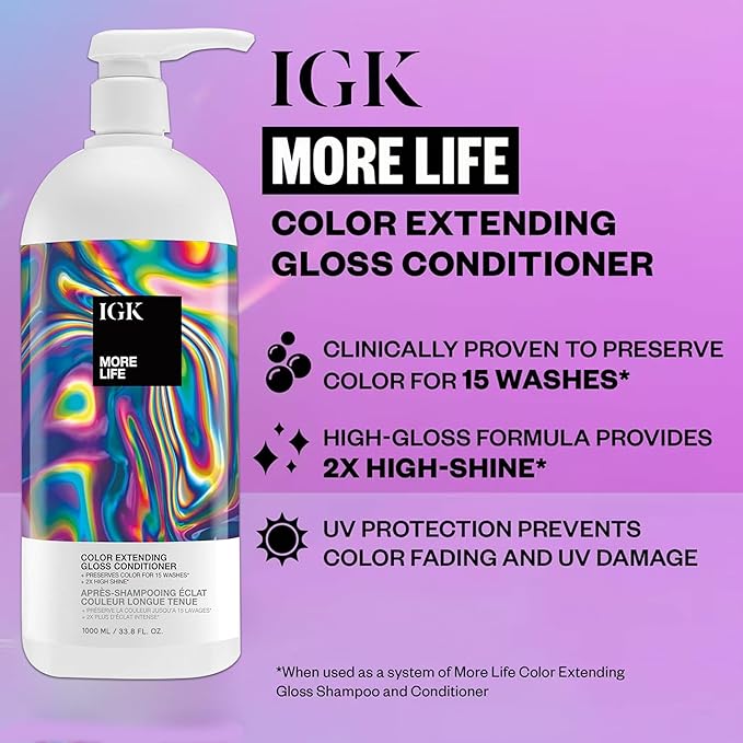 IGK MORE LIFE Color Extending Gloss Shampoo & Conditioner Set | Preserves Color + Enhances Shine | UV Protection | Vegan + Cruelty-Free | 33.8 oz (Pack of 2)