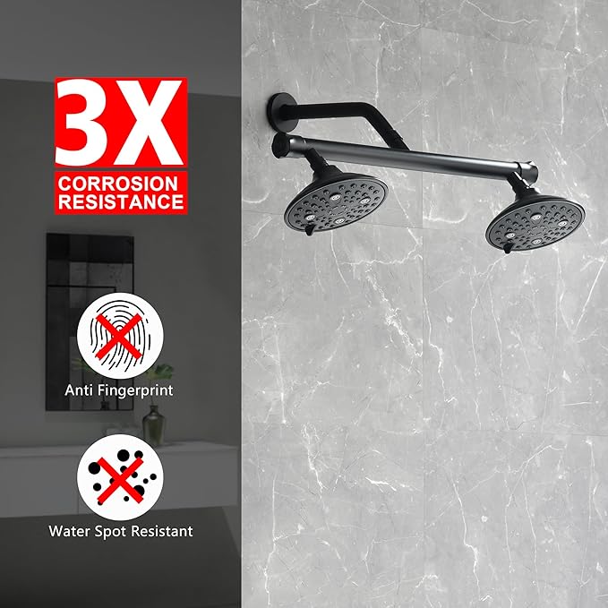 sumerain Matte Black Dual Shower Head Set with 20" Long Shower Arm,Enjoy High Pressure 6 Setting Rain Shower Separately or Together