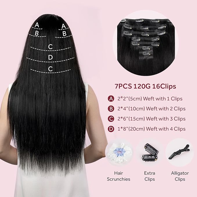 Clip in Hair Extensions Real Human Hair, Remy Hair Clip in Extensions Human Hair, Natural Black 100% Human Hair Extensions for Women #1B 22Inch 120G 7PCS