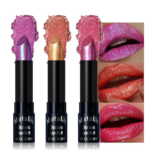 Metallic Glitter Lipstick Set Shimmering Colors Long Lasting Waterproof Plump Matte Moisturizing (Set-C)