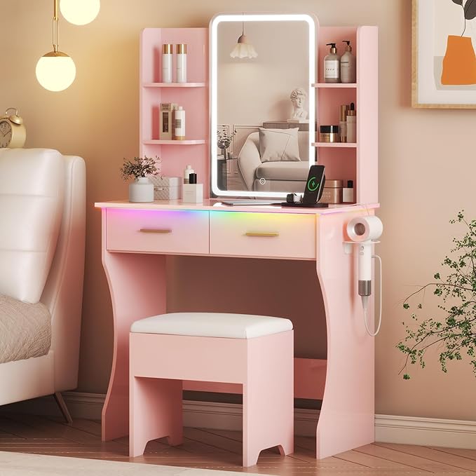 Vanity Desk with LED Lights Mirror & Power Outlet, Small Makeup Vanity Table Set with Storage Drawers & Chair, 3 Lighting Modes & Adjustable Brightness, Dressing Table for Women Girls Bedroom, Pink