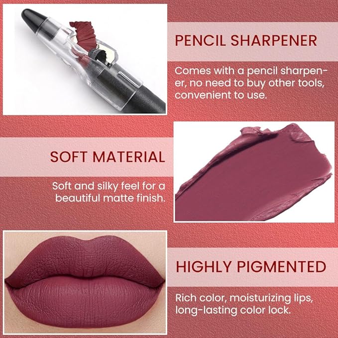 JUAAZIN Purple Brown Matte Lip Liner Crayon with Sharpener - Waterproof Smudgeproof Long-Wear Lip Pencil, Creamy Pigmented Lip Crayon for Women, 12HR Stay Silky Velvet Lip Liner 15#