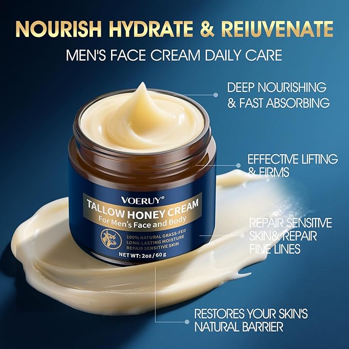 VOERUY Mens Face Moisturizer Cream - Anti Aging & Wrinkle for Men with Tallow Balm & Raw Honey, Natural Grass-Fed Tallow Moisturizer for Face, Facial Skin Care & Eye Lotion - Day & Night, 2oz/60g