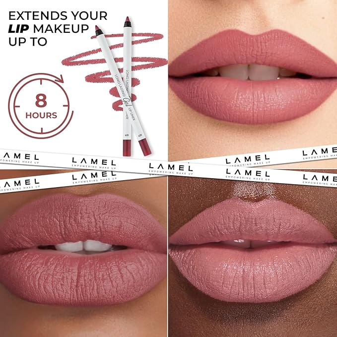 Matte Gel Lip Liner Pencil 5 Pcs Set - Creamy, Sharpenable, Longwear, Waterproof Lip Combo - Nude Pink 407, Nude 409, Red 411, Mauve 410 and 412