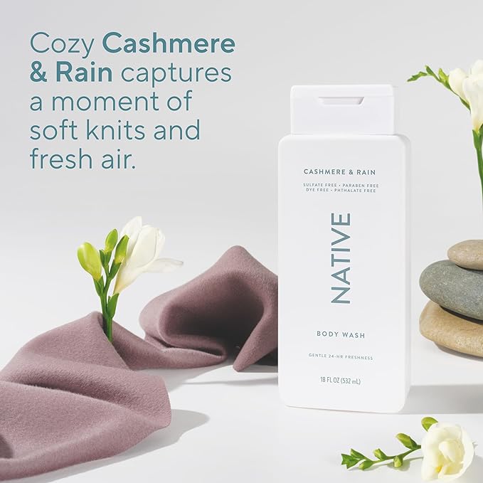 Native Body Wash Contains Naturally Derived Ingredients | For Women & Men, Sulfate, Paraben, & Dye Free Leaving Skin Soft and Hydrating | Cashmere & Rain 18 oz