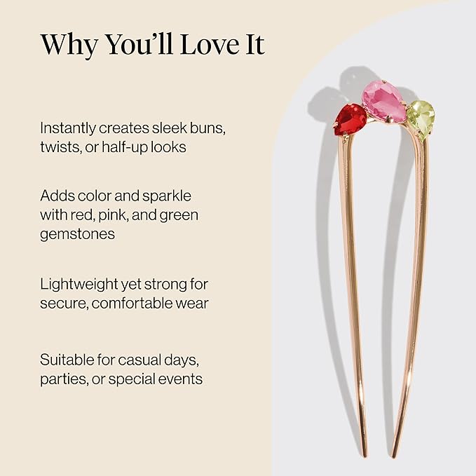 Kitsch French Hair Pin for Women – Gold Hair Accessories with Gemstone Accents, Lightweight Metal Hair Stick for Effortless Updos, Twists & Buns | Ideal Gifts for Women