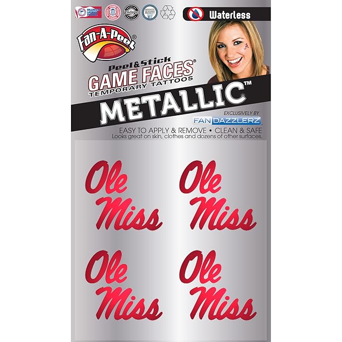 Fan-A-Peel Mississippi Waterless Temporary Tattoos - Hypoallergenic Peel and Stick Waterproof Temporary Tattoos, Metallic - Officially Licensed