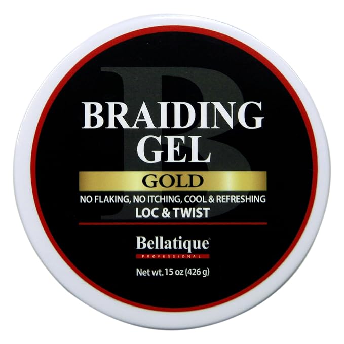 BELLATIQUE GOLD Braiding Gel Maximum Hold for LOC & Twist - No Flaking, No Whitening, Fast Drying, High Shine, Cool & Refreshing, Long Lasting Hold (15 oz)