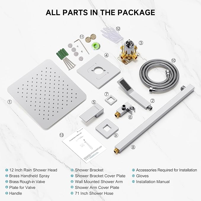 SR SUN RISE Shower Faucet Set & System - 12 Inch Rainfall Shower Head & Handle Set Wall Mounted Polished Chrome Solid Brass Valve Trim Kit Included