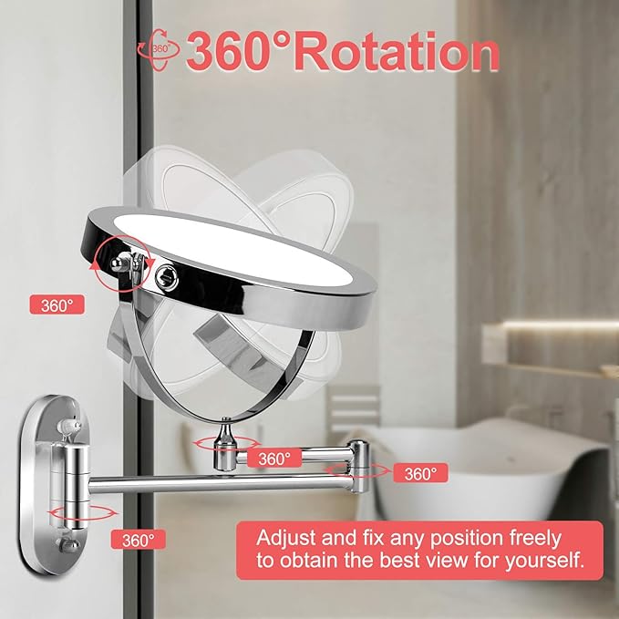FUNTOUCH 5000mAh Rechargeable Wall Mounted Lighted Makeup Vanity Mirrors, Double Sided 1X 30X Magnifying, 3 Color Lighting, Touch Screen Dimming, Extended Arm 360 Rotation Shaving Bathroom Mirror