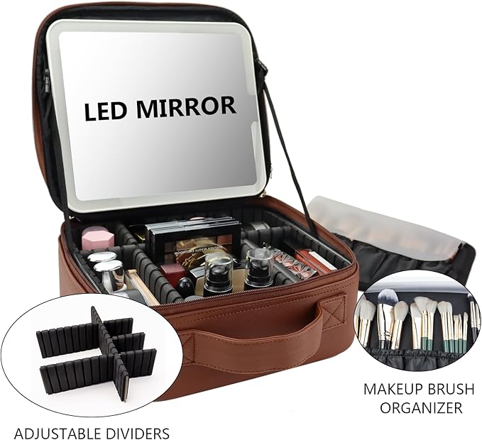 SLUMAZI Travel Makeup Bag with LED Mirror Travel Makeup Organizer with 3 Lighted Settings, Adjustable Dividers and Makeup Brush Storage Bag Dark Brown