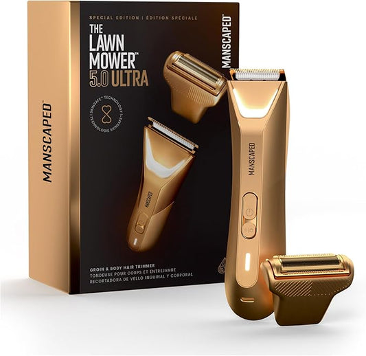 MANSCAPED® The Lawn Mower® 5.0 Ultra Groin & Body Hair Trimmer – Dual-Head SkinSafe® Trimmer & Foil Blades, Waterproof Groomer, USB-C Rechargeable with Travel Case, Men’s Ball Shaver, Forged Gold