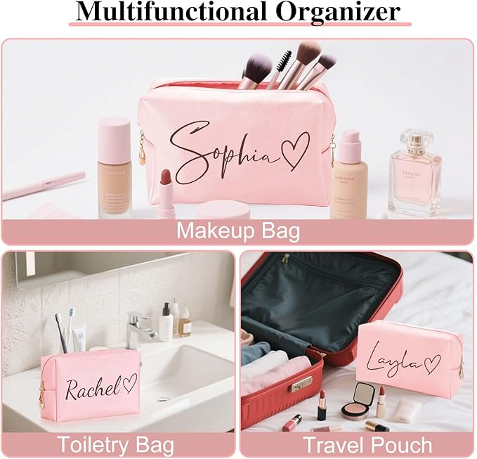 Fincekoom Valentines Day Gifts for Her Teen Girls, Personalized Makeup Bag with Name & Birth Flower, Custom Leather Cosmetic Bags for Women, Customized Travel Toiletry Bag Gifts for Bridesmaid Wedding