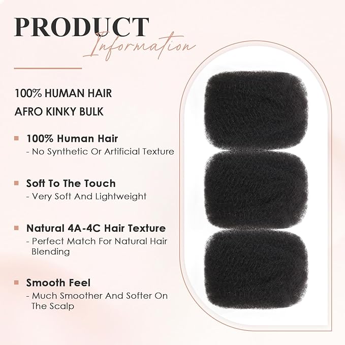 Afro Kinkys Bulk Human Hair 3 Pack 150g,Afro Kinky-Curly Human Hair Bulk Hair Bulk Human Braiding Hair for Dreadlock Extensions Repair Locs,Twist Afro Kinky Twist Extensions (12 Inch,50g/Pack)
