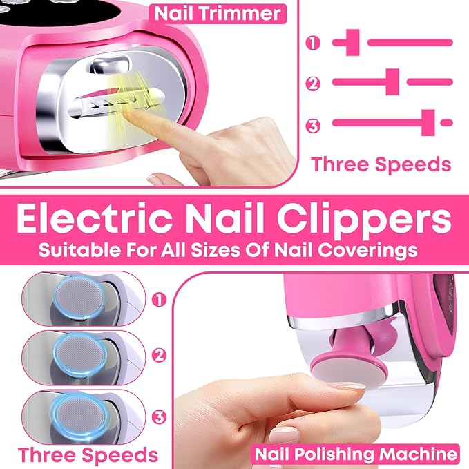 Gifts for Women Electric Nail Clipper for Adults & Seniors, 3 Speeds Automatic Nail Clipper & Trimmer with LED Light 360° Rotating Fingernail Clipper with Polisher Rechargeable Electric Nail File