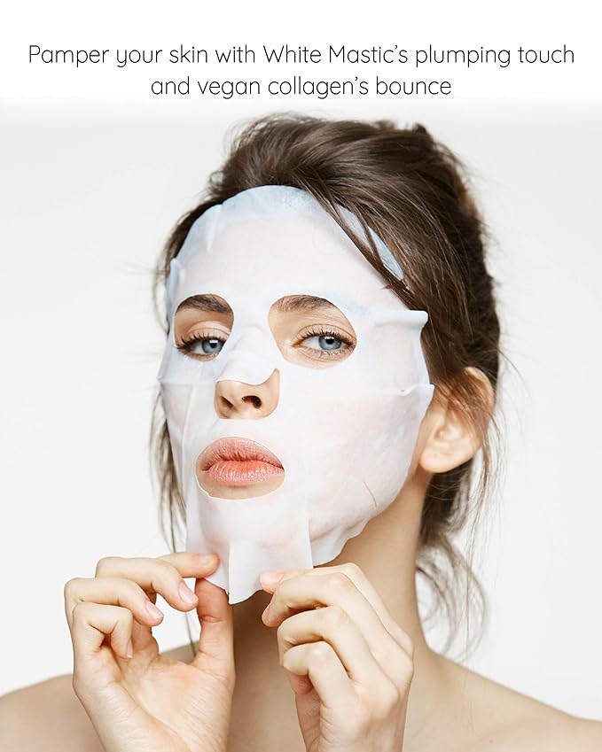 MASTINA White Mastic Collagen Face Sheet Mask (4 Pack), Korean Anti-Aging Treatment for Firming & Lifting, with Hyaluronic Acid for Deep Hydration, Visibly Plumps & Reduces Appearance of Sagging Skin