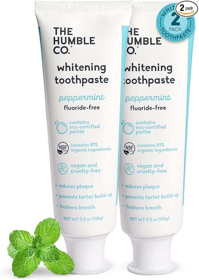 The Humble Co Fluoride-Free Teeth Whitening Toothpaste, Peppermint - Natural Whitening Toothpaste with Xylitol & Eco Certified Perlite for Adults - SLS Free Dental Oral Care & Hygiene - 2 Pack