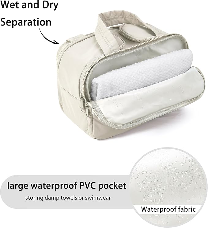 BUZFOWU Travel Toiletry Bag for Women, Large Wide-open Puffy Cosmetic Makeup Bag with Wet-Dry Separation, Multi-Pocket Organizer with Carry Handle for Toiletries, Cosmetics, Essentials, Beige