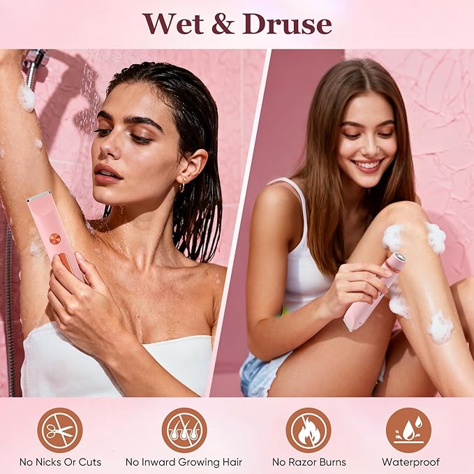 2 in 1 Women Electric Shaver Dual Head Bikini Trimmer for Women IPX7 Waterproof Wet & Dry Use Body Hair Trimmer and Facial Hair Remover for Bikini Underarm Leg Arm Body Face