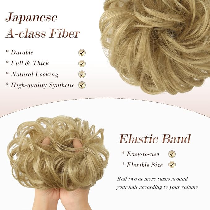 FESHFEN Messy Bun Hair Piece - Wavy Synthetic Chignon Scrunchies for Instant Volume, Elastic Bun Ponytail Hair Extensions Thick Hairpieces for Women, Light Golden Blonde 1.50 oz
