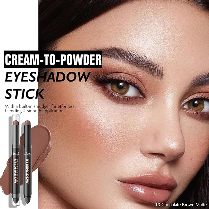 Dual-Ended Chocolate Eyeshadow Stick - Long-Lasting Cream Eye Shadow Stick Crease-Proof Matte Eyeshadow Pencil, Easily Blendable Multi-Use Neutral Eyeliner Makeup with Built-in Smudger, 13